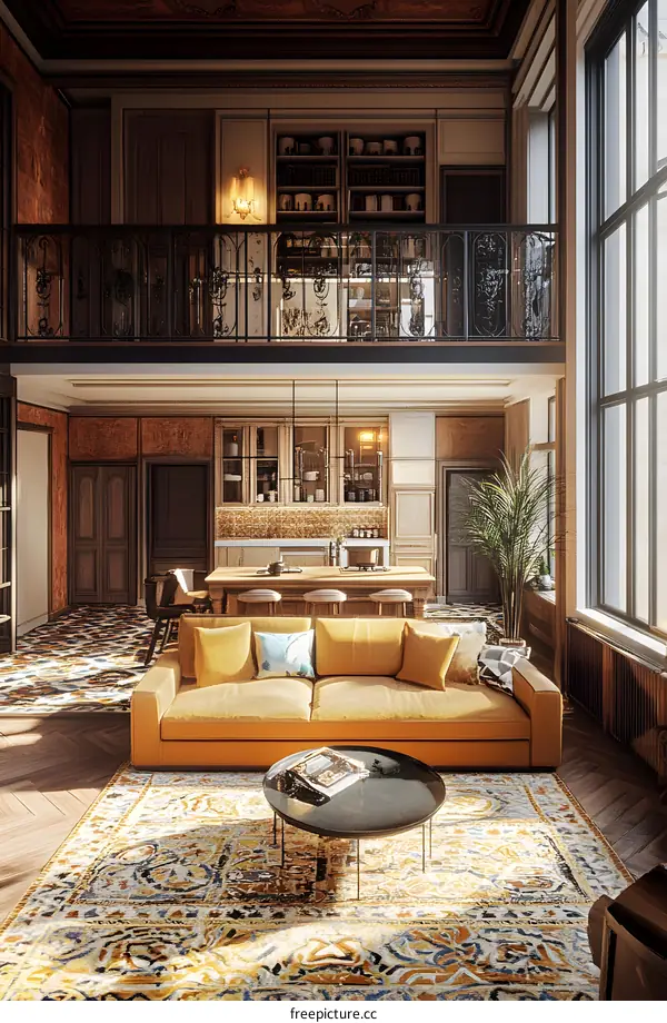 Luxury Apartment Interior Design with Yellow Sofa and  Kitchen