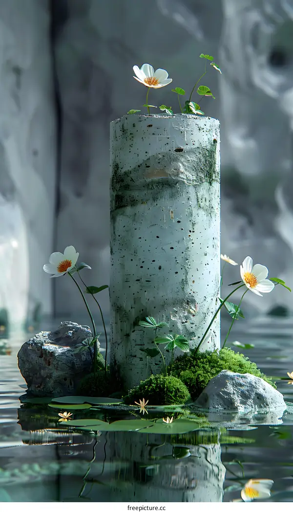 Serene Water Garden with Concrete Pillar and Flowers