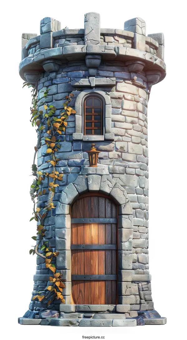 [Transparent Background PNG]Medieval Stone Tower with Wooden Door