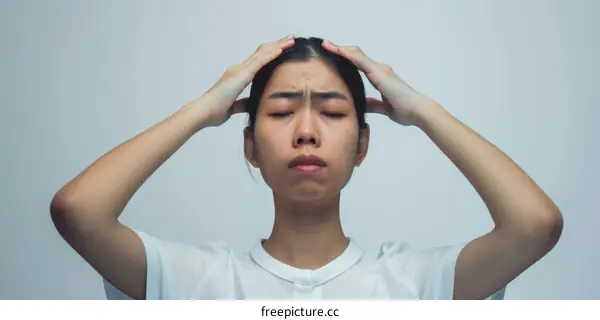 A young Asian woman is holding her head in pain