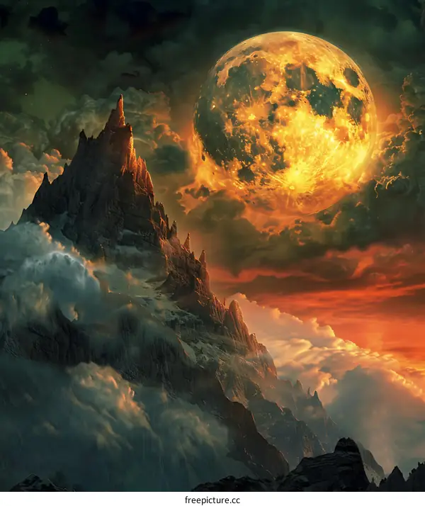 Mountain Range With A Large Orange Moon