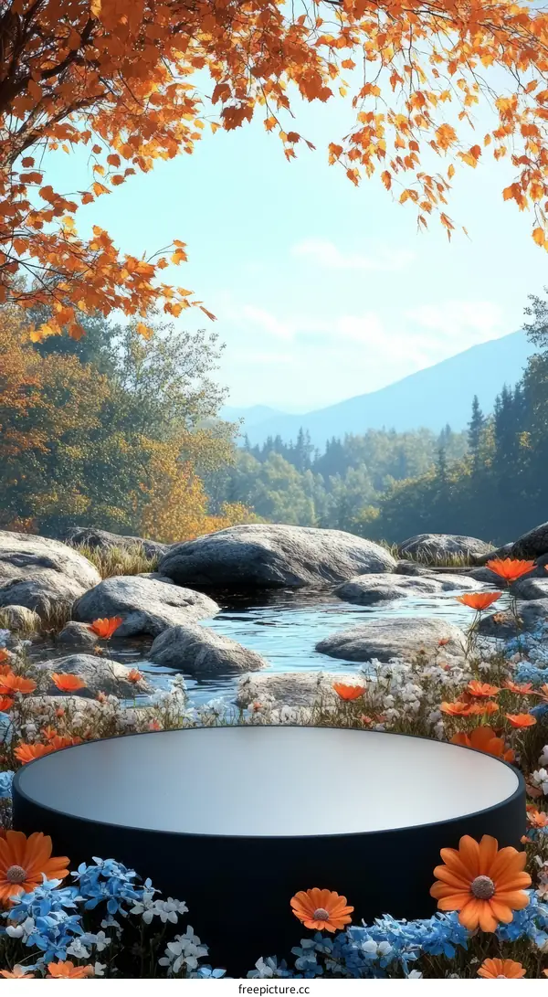 Autumn Forest Empty Display Stage with Flowers