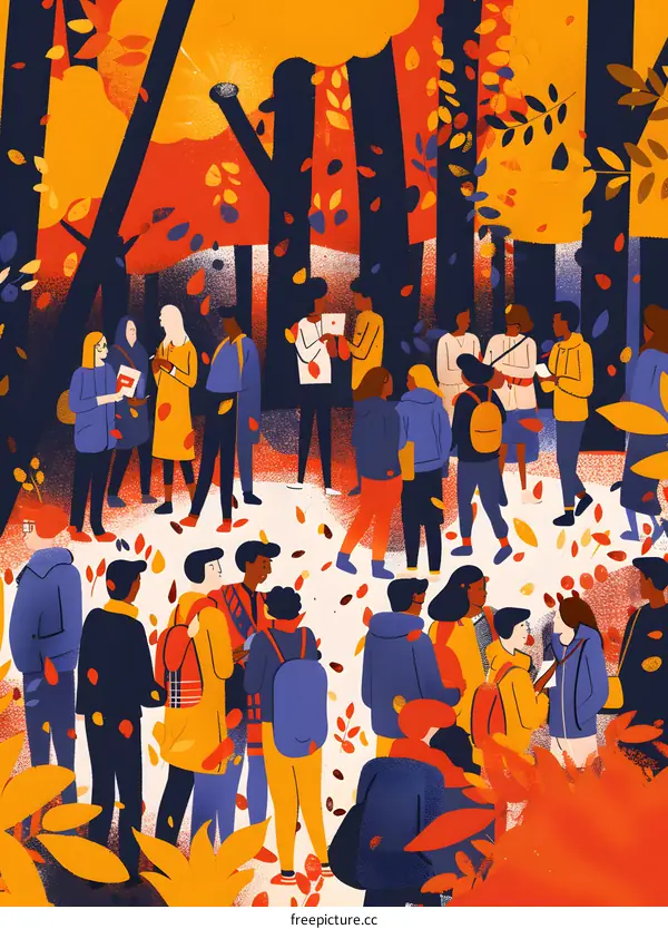 Group of diverse people in autumn forest illustration