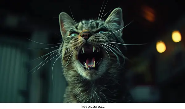 A gray cat is hissing with its mouth wide open and its teeth bared