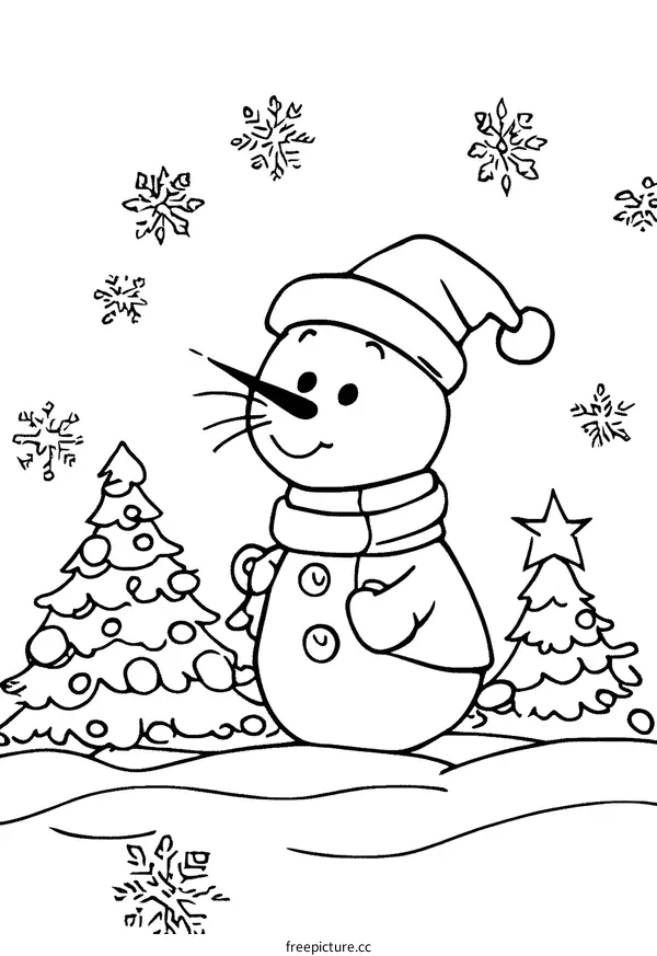Cute Snowman Standing Next To Christmas Tree