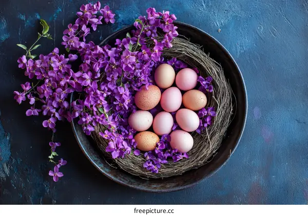 Easter Eggs in a Nest with Purple Flowers