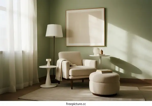 Cozy and minimalist living room with soft green walls and natural light