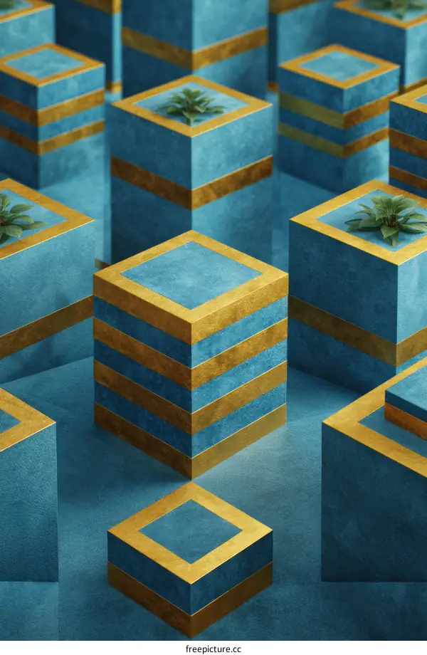 Abstract Geometric Cubes in Teal and Gold