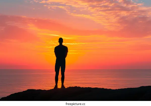 Man standing alone on a cliff watching the sunset over the ocean