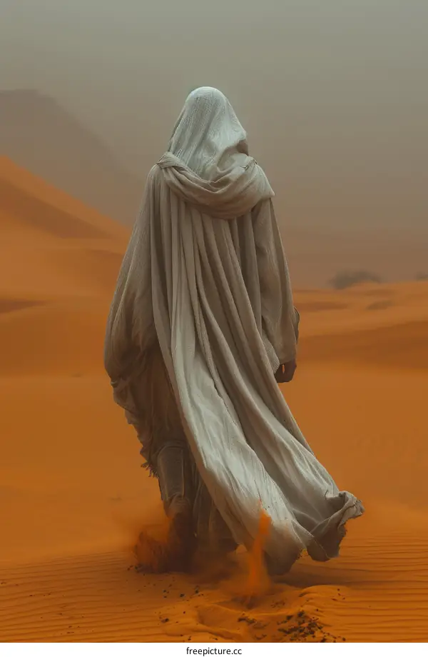 A nomad is walking in the desert