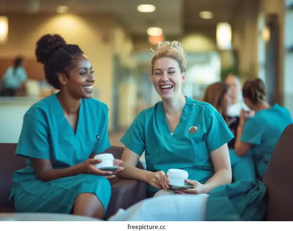 Two nurses laughing and holding coffee cups