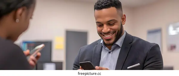 Smiling Man Looking at Smartphone in Office