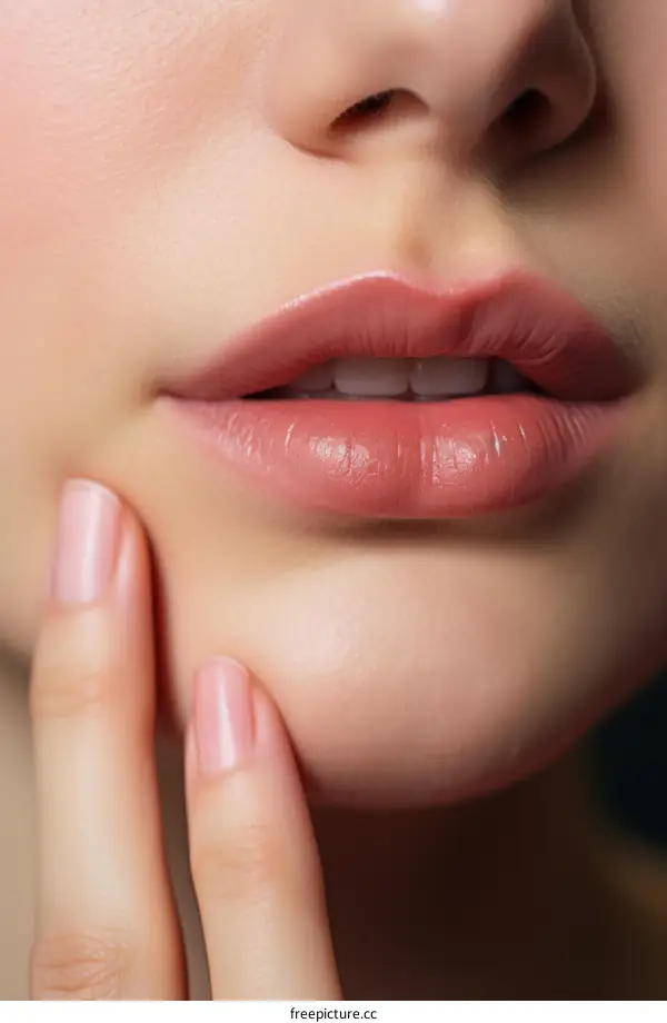 Close up of woman's lips with natural makeup and pink lipstick