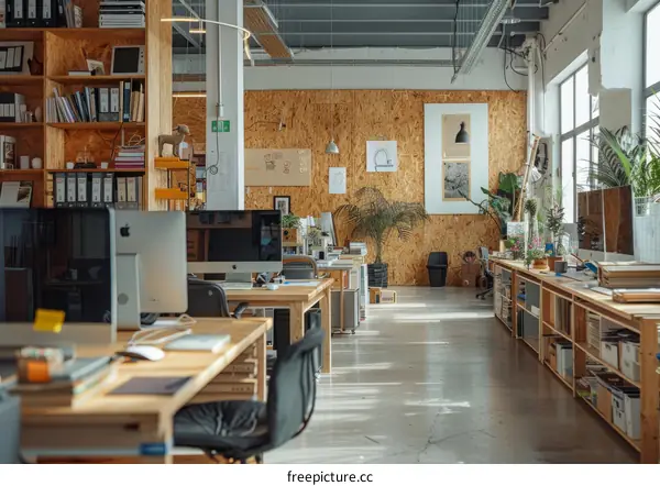 Modern Office Interior with Wood Panel Walls and Expansive Windows