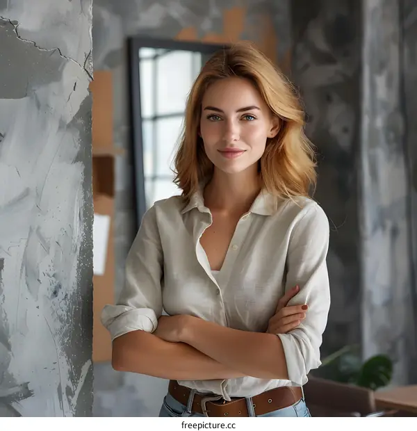 portrait of a young woman standing in front of a concrete wall