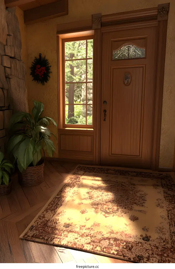 Wooden Doorway with Window and Rug