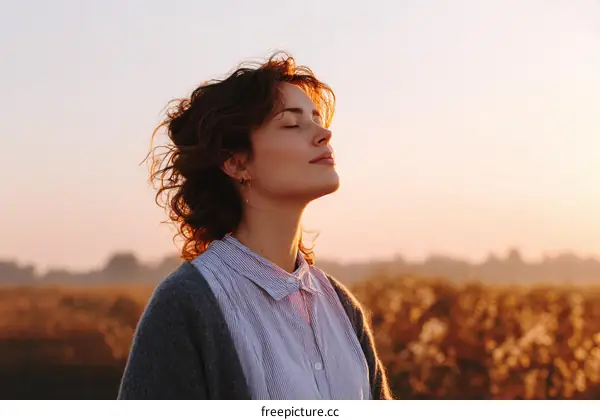 Woman enjoying the golden hour sunset in nature