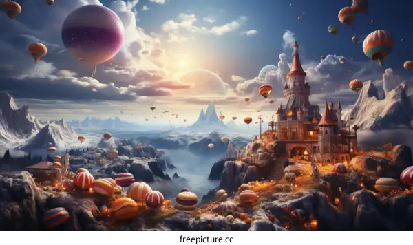 Fantasy Castle with Hot Air Balloons Drifting in the Sky