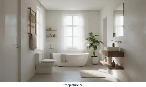 Modern white bathroom with freestanding bathtub and plants
