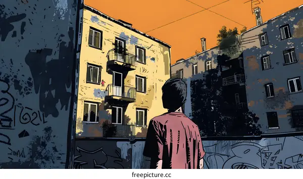 Man Looking Up at Building in Cityscape