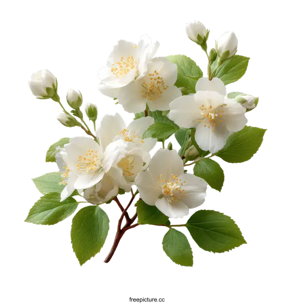 [Transparent Background PNG]Beautiful Jasmine Flower Branch with Fresh Leaves