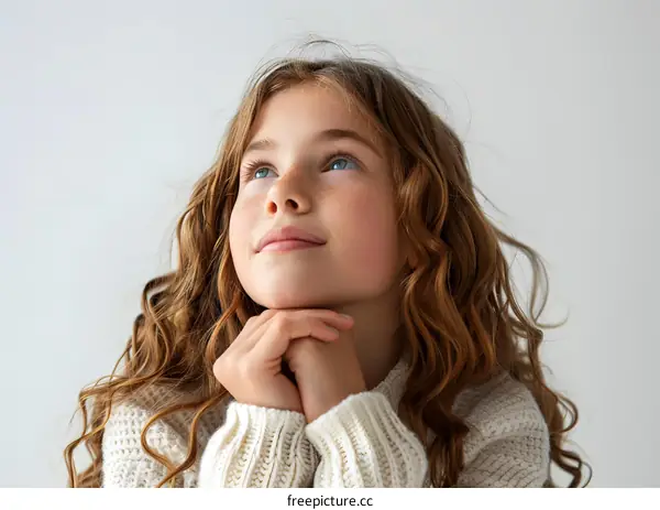 Portrait of a Young Girl with Freckles Looking Upwards
