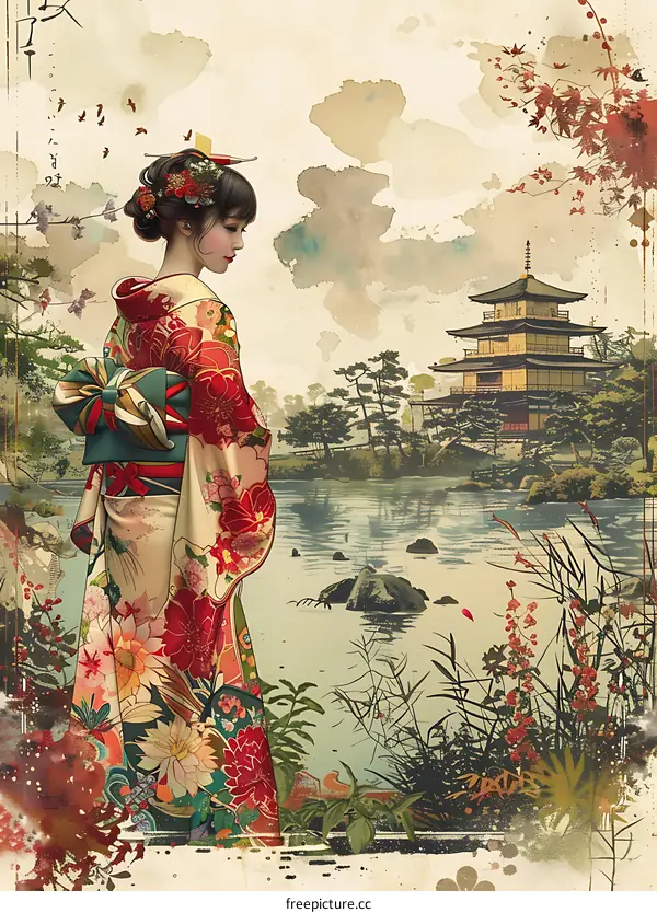 Japanese Woman in Kimono Standing in Front of a Pagoda
