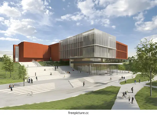 Modern Building Architecture with People Walking on Sidewalks