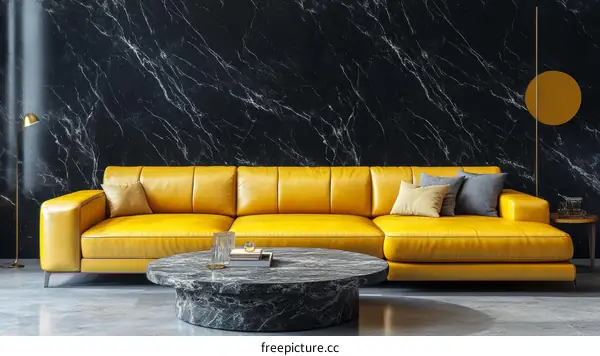 Modern Living Room with Yellow Sofa and Marble Walls