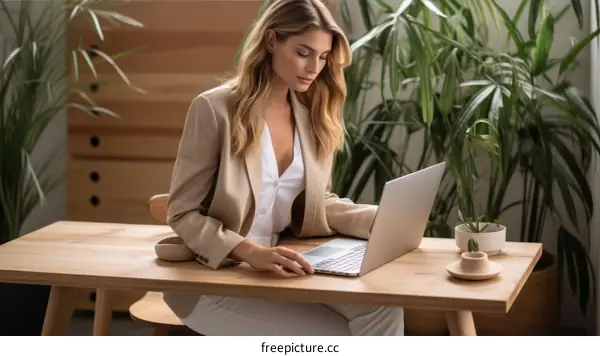 A blonde woman in a beige suit jacket sits at a wooden desk and uses a laptop.
