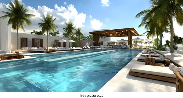 Tropical Resort Pool with Lounge Chairs and Palm Trees
