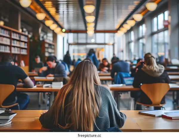 Student Studying in a Library with Many Other Students