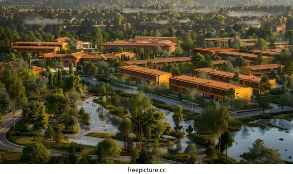An aerial view of a luxury housing development in a lush green setting