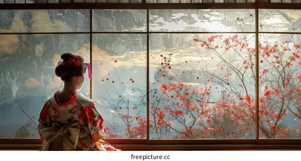 A woman in a kimono is sitting on the floor in front of a window looking at a Japanese garden with red maple leaves.