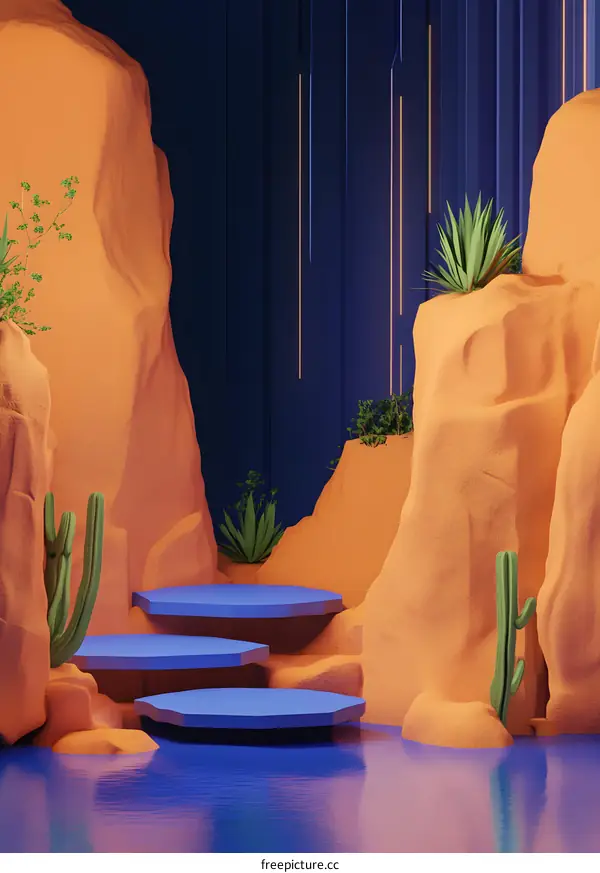 Minimalist Desert Scene with Blue Platforms