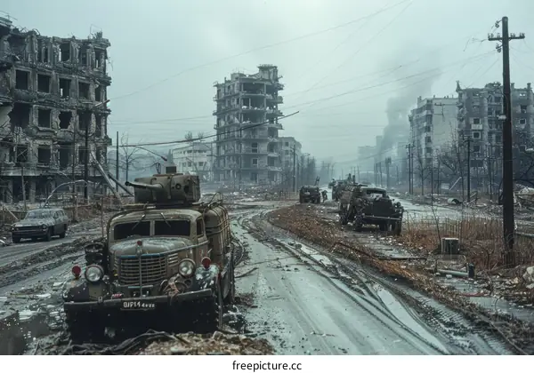 Destroyed city street with abandoned military vehicles
