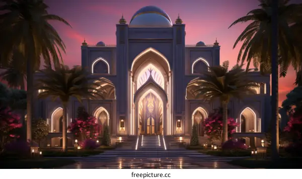 A majestic and opulent palace with intricate details and a beautiful sunset in the background