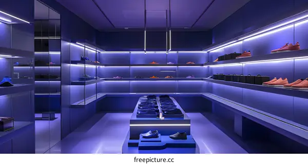 Modern Retail Store Interior With Blue Walls And Colorful Shoes Displayed On Shelves