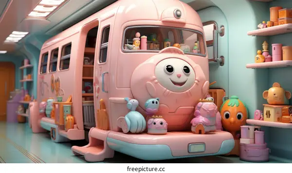 A Pink Cartoon Train Loaded with Toys and Joy