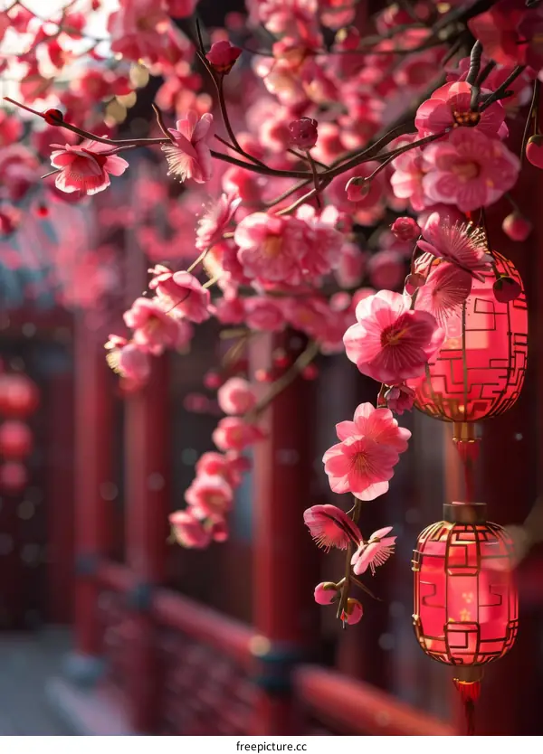 Chinese New Year Decorations with Pink Plum Blossoms and Red Lanterns