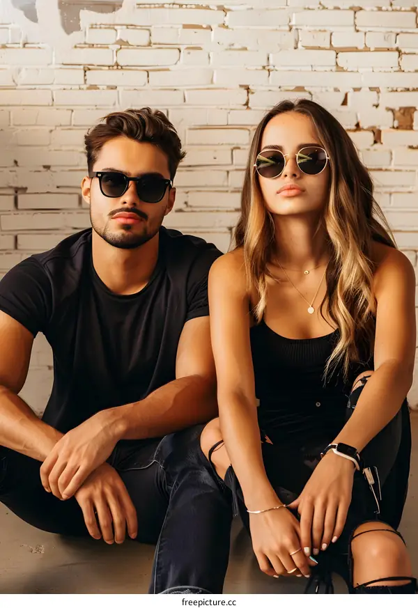 Young Couple Posing With Sunglasses Sitting In Front Of Brick Wall