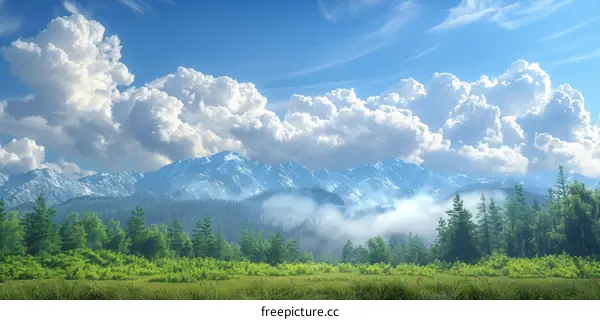 The green mountain range is covered with snow, and the blue sky is dotted with white clouds