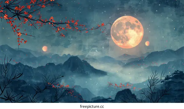 Red Blossoms and Two Moons Over a Mountain Landscape