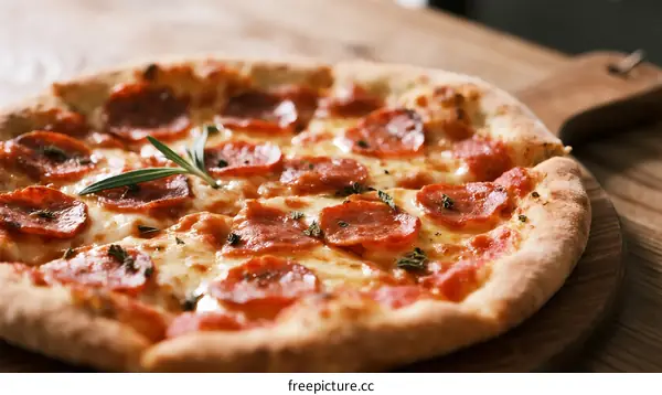 Freshly baked pepperoni pizza with melted cheese and rosemary garnish