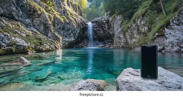 Smartphone by a Waterfall in a Mountain Valley