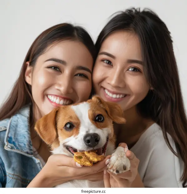 Two Asian women with a dog