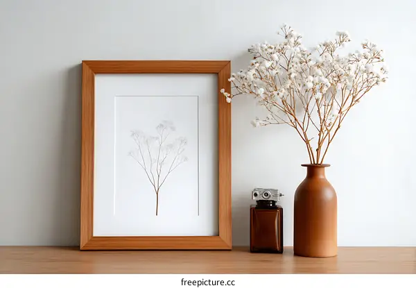 Simple Line Drawing of a Plant in Wooden Frame
