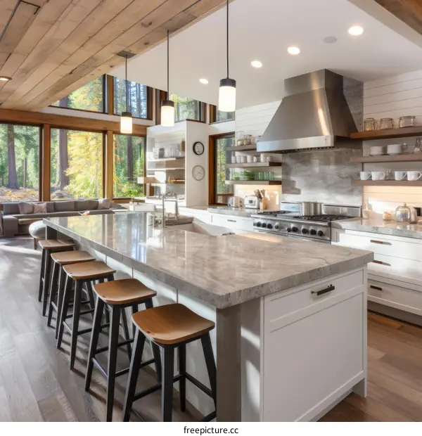Modern kitchen with wood ceiling and large windows