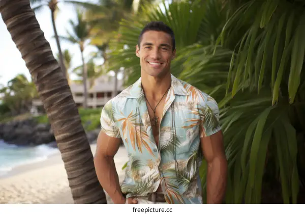A smiling man in a tropical shirt is standing in front of a palm tree.