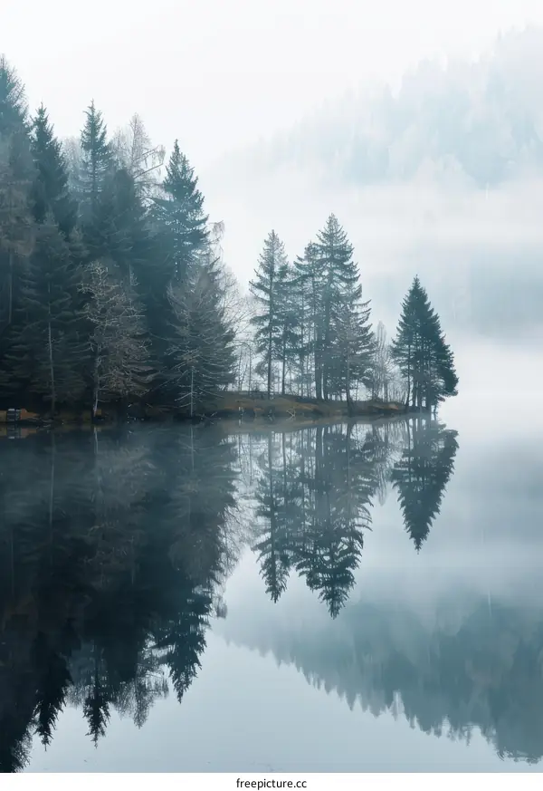 Fog-Enveloped Mountains and Trees Mirror in Lake